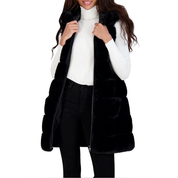 Via Spiga NWT Black Faux Fur Long Hooded Vest - Picture 2 of 9